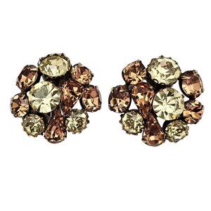 Champagne Jonquil Rhinestone Cluster Clip-On Round Earrings